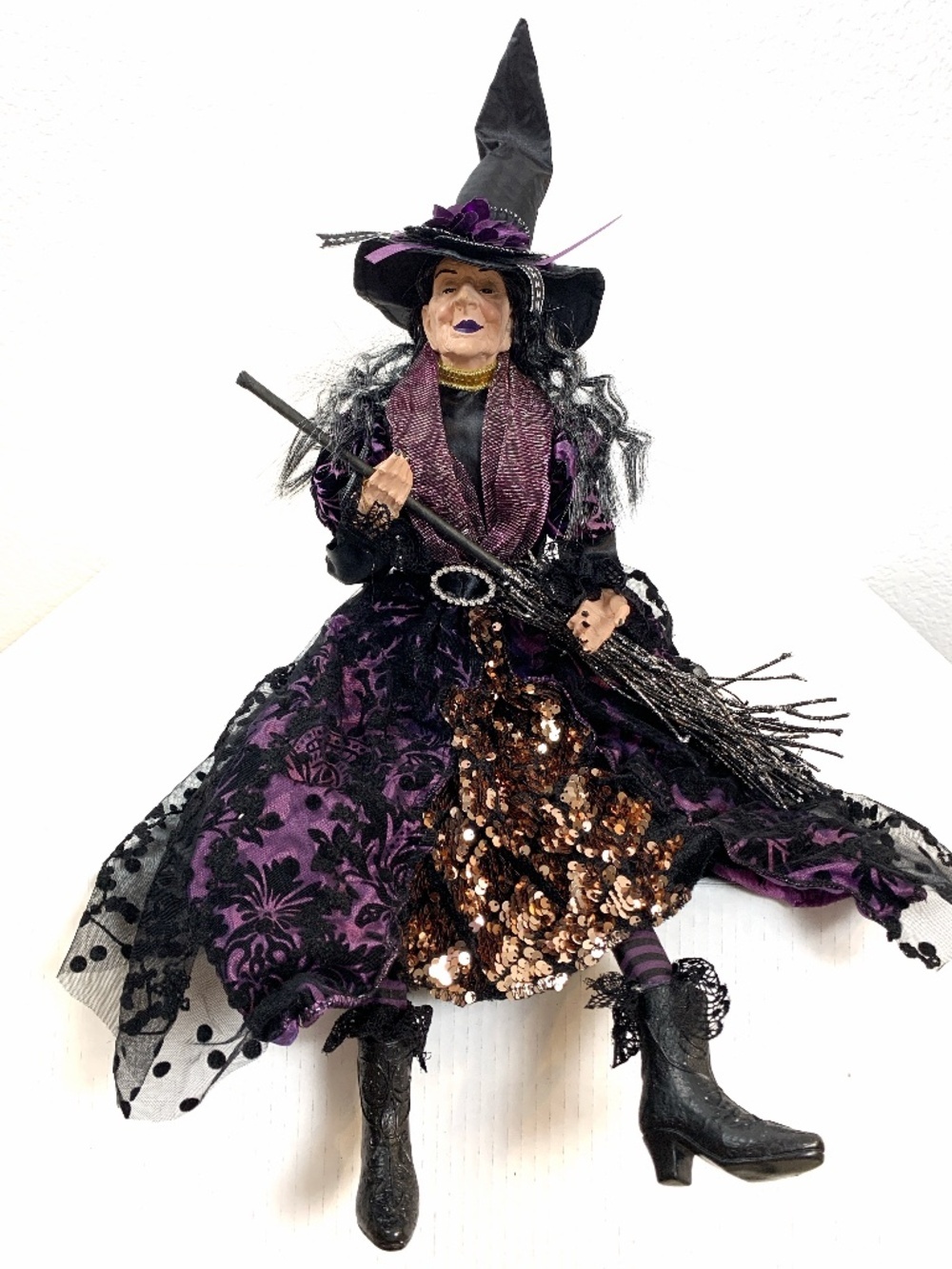 Spooky Old Witch With Broom Doll Shelf Sitter Purple Black Halloween Scary Decor